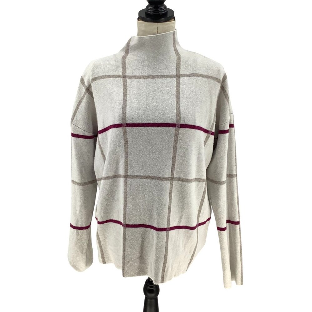 Tahari Womens XL Plaid Mock Neck Sweater Beige Burgundy Rayon Blend